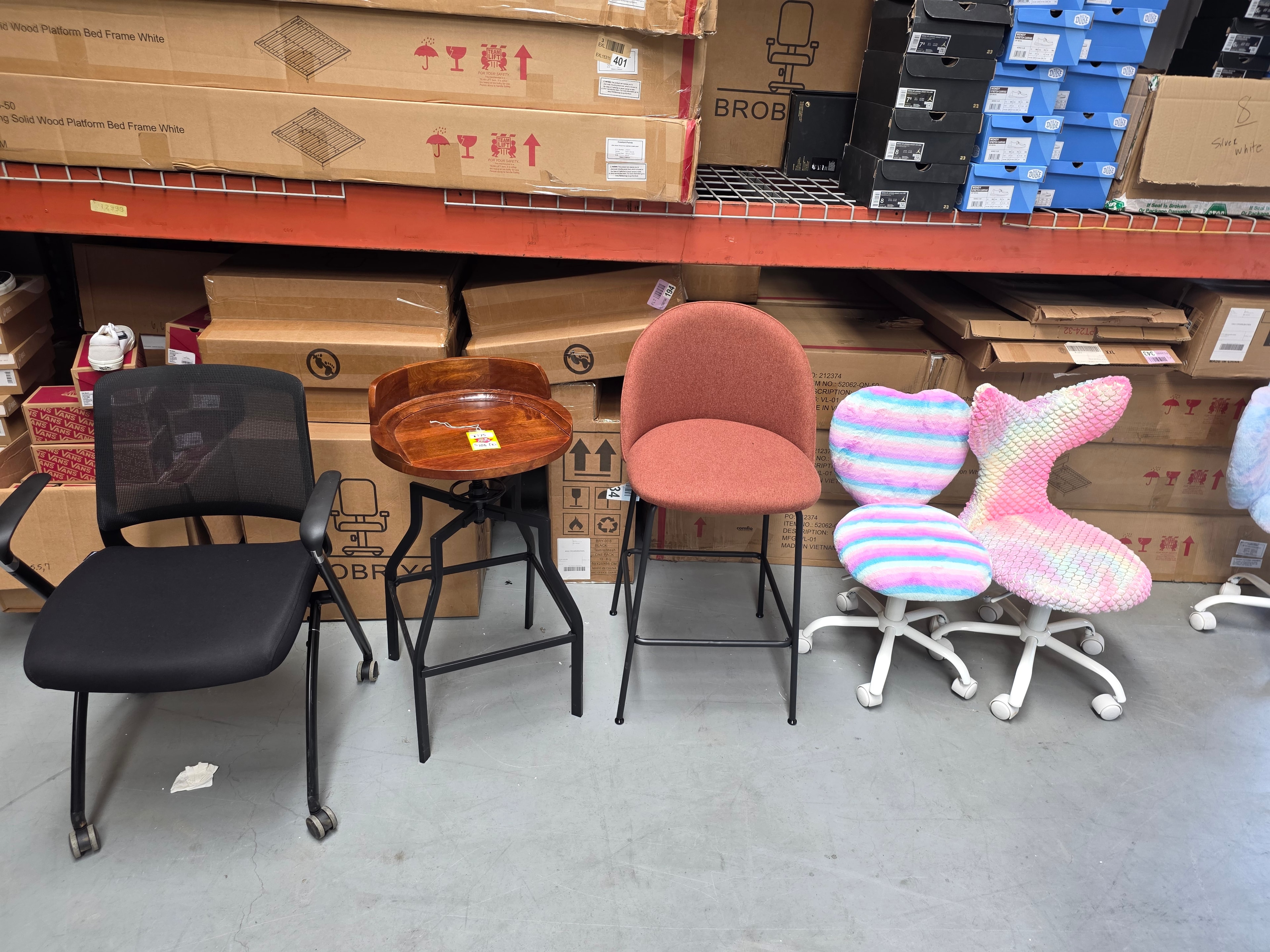 Chairs and furniture on warehouse floor